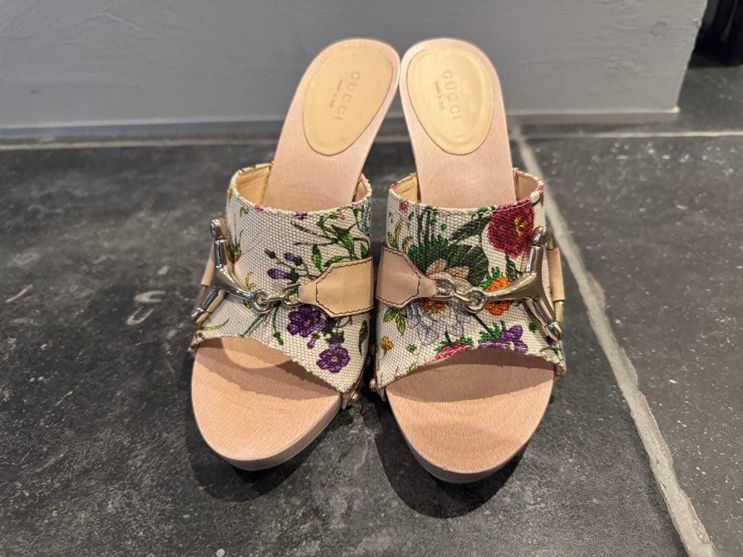 Gucci Flora Canvas Wood Heel Sandals Multicolor US6.5 EU36 149910