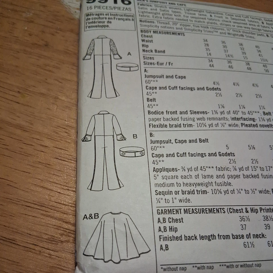 2001 Simplicity Pattern #9916, Mens’ Retro Elvis Style Costume SZ 40-44, Uncut - Image 2 of 3