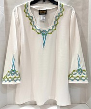 VTG Bob Mackie Wearable Art Embroidered Large Tunic Top Blue Green Loops White