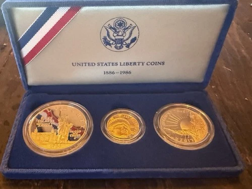 Gold and Silver United States Liberty Coins 1886 - 1986 3 Coin Proof Set / Case