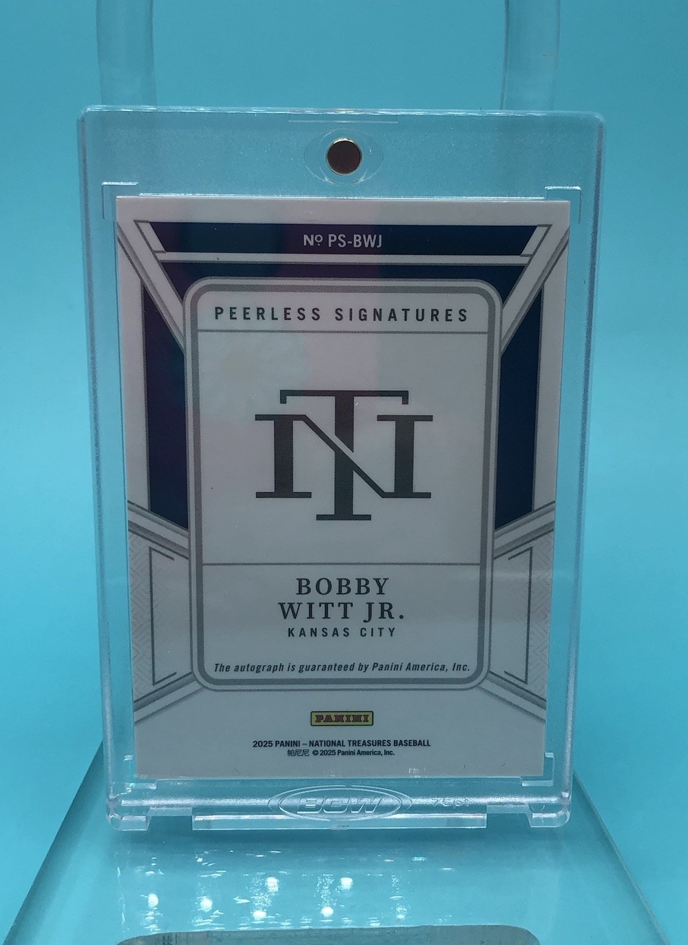 Panini 2025 National Treasures Peerless Signatures Bobby Witt Jr. Blue Auto /49 view 3