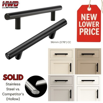 Cabinet Pulls 3.78''cc Black Modern SOLID T-Bar Kitchen Bath Drawer Pulls