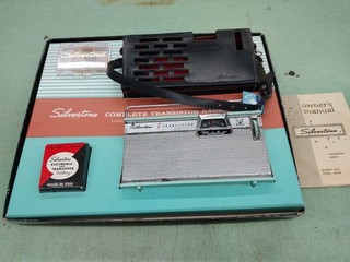 Silvertone 2209 ice blue transistor radio in original sales display box.