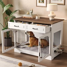 Wooden Farmhouse Dog Crate Furniture with 2 Storage Drawers and Rotating Bowls
