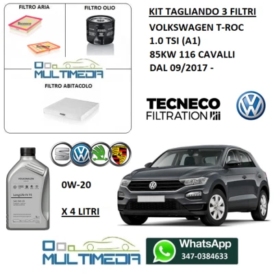 TECNECO TAGLIANDO 3 FILTRI E OLIO ORIGINALE 0W20 VOLKSWAGEN T-ROC 1.0 TSI 115 CV 85KW