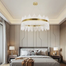 31.5" Modern Crystal Chandelier Dimmable Ceiling Light Pendant Lamp Fixture Gold