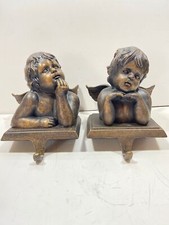 Pair Cherub Angel Stocking Holders Heavy Grandeur Noel Bronze Tone Finish