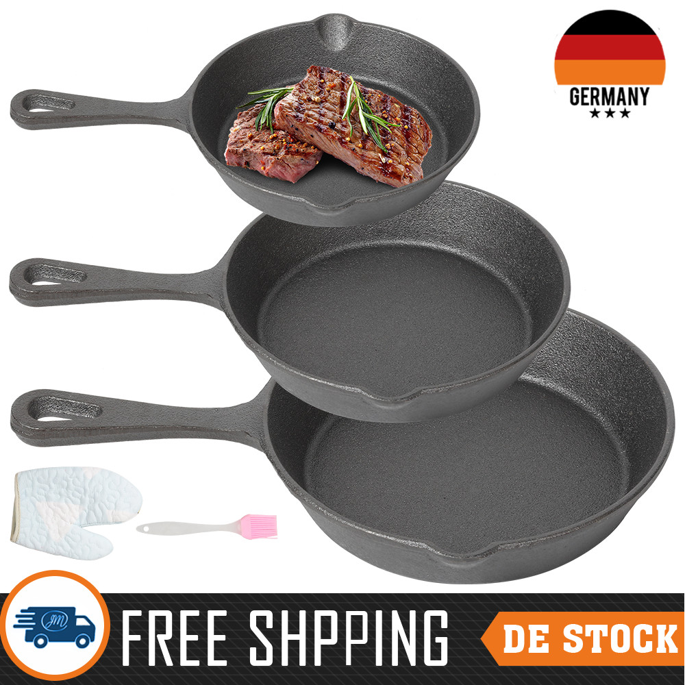 3er Gusseisenpfanne Eisenpfanne Gusseisen Bratpfanne für Herd Backofen Grill