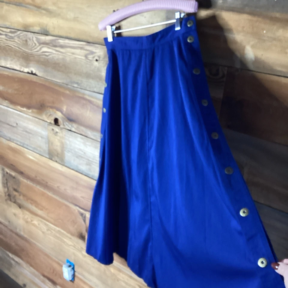 Falda MIDI Vintage Azul Mezcla Algodón Línea A Latón Botones Laterales Campos Elección 14 Foto 4 de 4