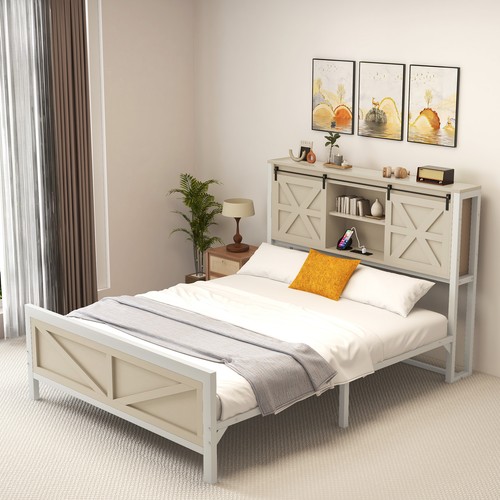 Farmhouse King/Queen Size Bed Frame Wood Platform w/ Headboard&Bookcase Shelves - Picture 2 of 12