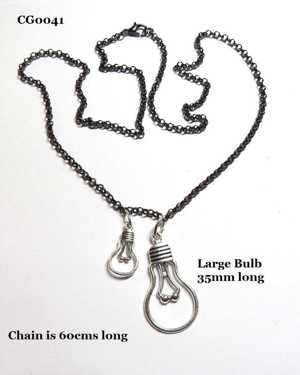 Necklace with Light Bulb Pendants Gunmetal Grey Rolo Link Chain