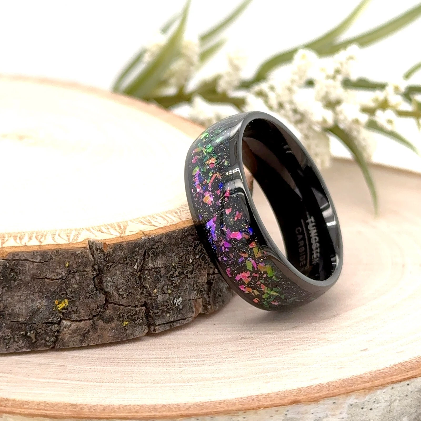 8mm Black Tungsten Ring Purple Synthetic Opal And Abalone Fragment Inlay Band