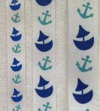 Blue sailboats on white Grosgrain ribbon BTY 1/2" 5/8" 7/8" palm beach
