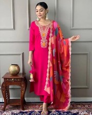 Indian Festive wear; Pink zari embroidered Pakistani Kurta Trouser and Dupatta