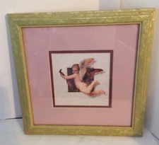 Angel Playing Mandolin Picture With Sage Color Wood Frame and Double Matted