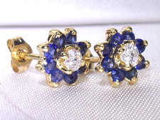14k Yellow Gold .585 Diamond & Blue Sapphire Fine Stud Flower Style Earrings