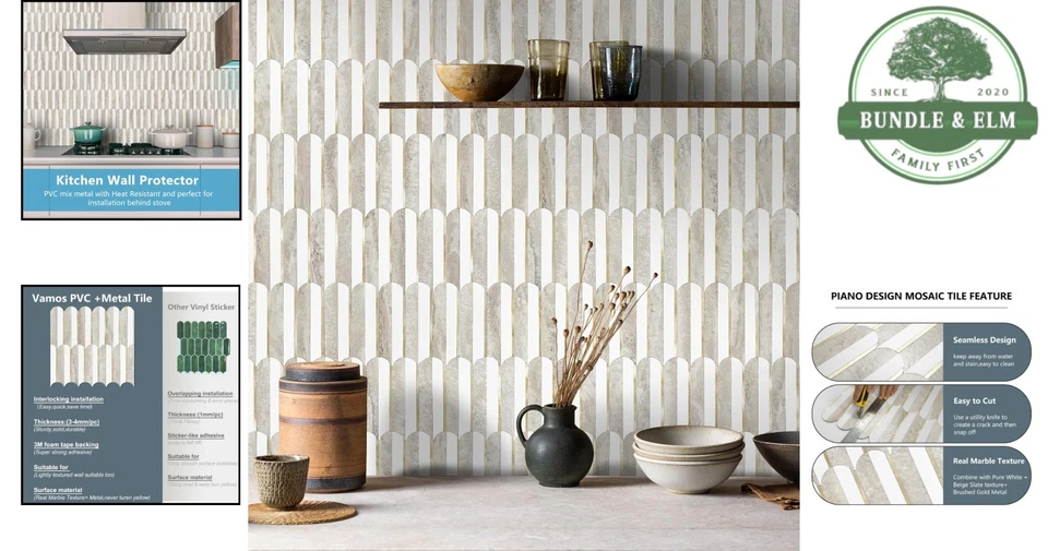 Peel and Stick Mosaic Tile Waterproof Kitchen Bathroom Backsplash White Beige... - Image 2 of 4