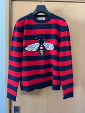 Gucci Bee Knit Sweater Red Navy Wool Crew Neck Excellent Condition