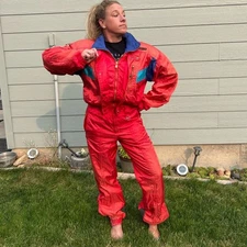 Vintage 80s Descente color block ski suit LARGE red orange blue