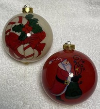 Hand Painted Christmas GLASS ORNAMENTS 3  Santa / Candy Cane With Box LOT OF 2.