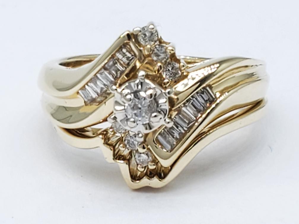 Diamond Wedding Ring Set 14K Solid Yellow Gold (A… - image 3