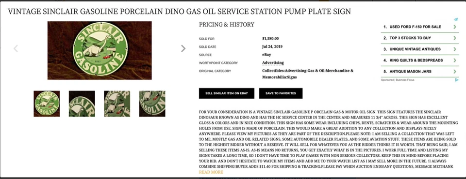 老式 1952 年 SINCLAIR ETHYL GASOLINE + DINOSAUR 11 3/4 英寸 PORCELAIN 金属油标志 — 第 3/4 张图片