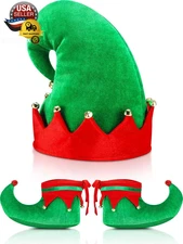 Christmas Santa Elf Shoes and Hat Christmas Red and Green Costume Accessory Set