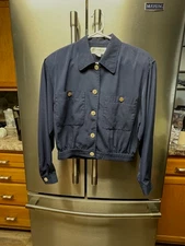 Vtg. Liz Claiborne Navy long sleeve button down shirt, elastic at waist Sz. 4