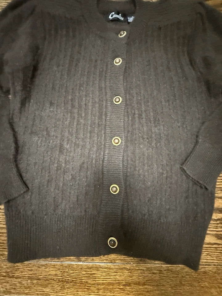 Cavalini Women's Angora Lambswool Vintage Sweater Brown Pearl Button Front - Image 4 of 4