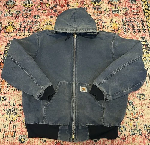 Vintage Carhartt Navy Blue Active Hooded Jacket JR102 J03NVY Size Large 1990s - product listing photo