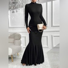 Shein Prive Black Stretch Turtleneck Mermaid Bodycon Maxi Dress Gown M 6 (A3)