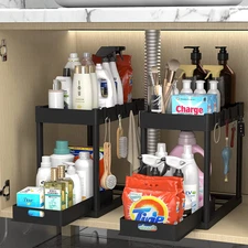 2PC under Sink Organizer Rack 2 Tier under Sliding Cabinet Basket Organizer