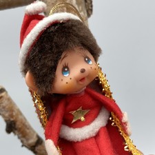Christmas Monchhichi Monkey Ornament Vintage 70s Holiday Sleigh
