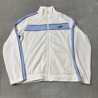 Puma Track Jacket Womens XL White Blue Full Zip Athletic Retro Stripe 807844
