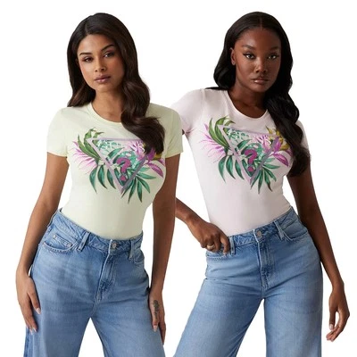 GUESS T-SHIRT MAGLIA SLIM MAGLIETTA DONNA LOGO FIORI STRASS W5GI07J1314