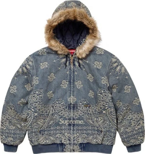 VESTE DE TRAVAIL À CAPUCHE EN DENIM JACQUARD BANDANA TAILLE (L) SUPREME WEEK7 FW25 CONFIRMÉE