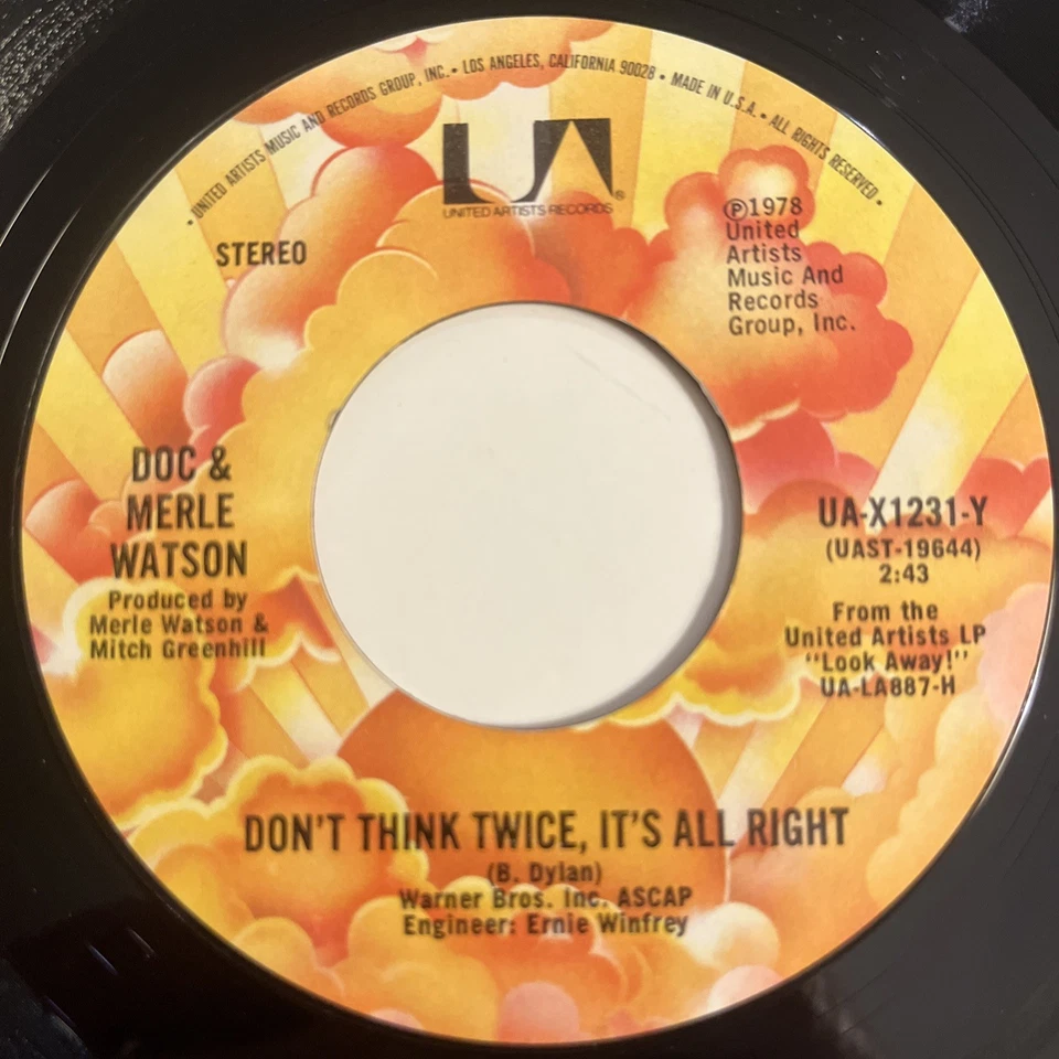 Doc & Merle Watson – Don't Think Twice, It's All Right, 1978 45rpm BLUEGRASS UA - Image 3 of 4