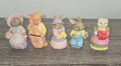 Vintage Set Of 5 Adorable Rabbit, Bear, and J.C. Pig Figurines Spring Decor 2''