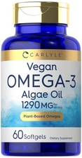 Omega 3 Vegan Algae Oil 1290 Mg DHA  EPA Heart Brain Eye Health, 60 Softgels
