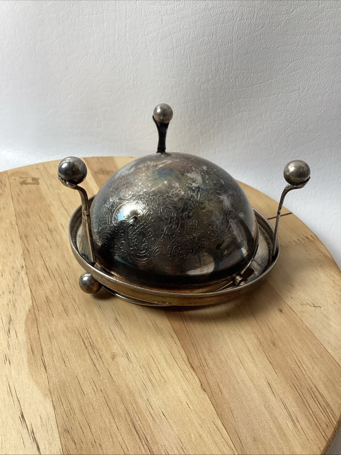 Vintage Silverplate Butter Caviar Server Swivel Dome Top  Filigree Legs England