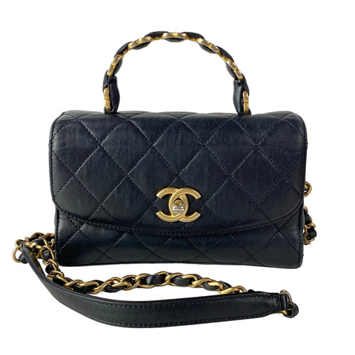 Chanel Top-Handle Mini Flap Bag, Matelassé Shoulder Bag AS2478 Black crumbled la