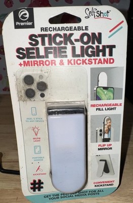 Premier Stick-On Selfie Light + Mirror and Kickstand for Smartphone Rechargable!