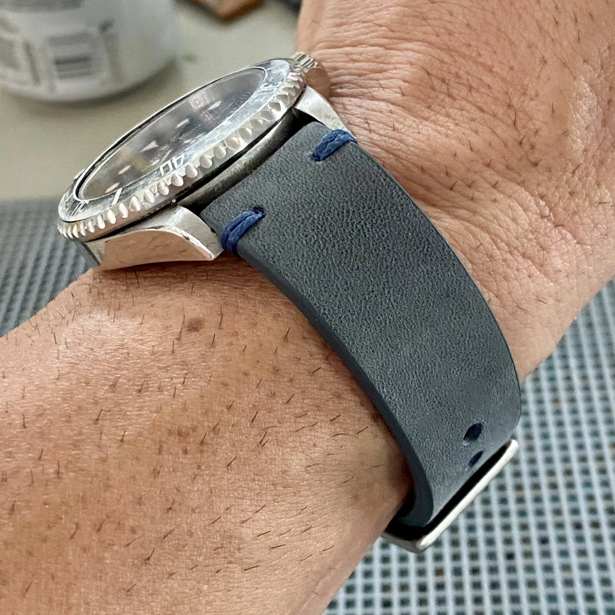 22mm MOD DARK GRAY Vintage Crazy Horse Leather Watch Strap Band NAVY BLUE stitch