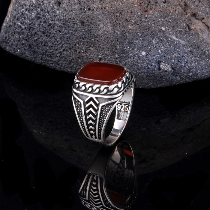 925 Sterling Silver Solid Gemstone Red Onyx Men's Ring Unique Onyx Gem Jewelry - Image 2 of 4