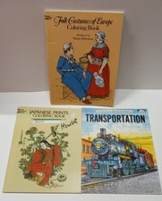 3 coloring books: Folk Costumes of Europe, Japanese Prints, Transportation