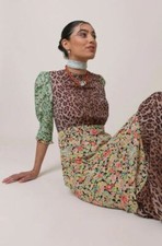 New Rixo Saffron Black Green Meadow Leopard Midi Dress Size L M