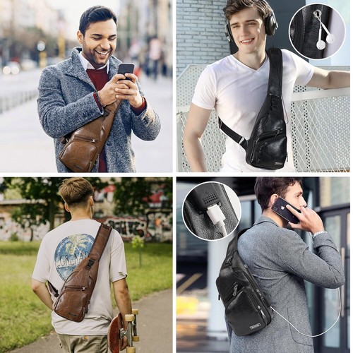 Herren Leder Brusttasche Umhängetasche mit USB-Anschluss Sport Freizeit Tasche Mode USA - Bild 10 von 31