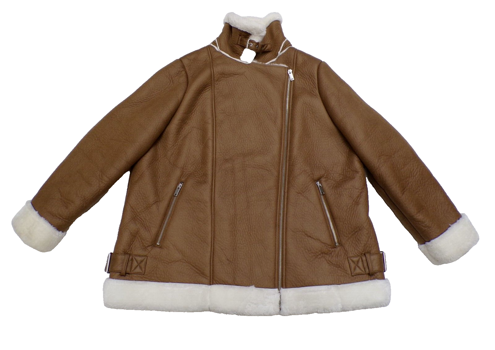 Women's M&S Coat Jacket UK22 Camel Faux Sheepskin Flying Aviator Warm Ex Con #64