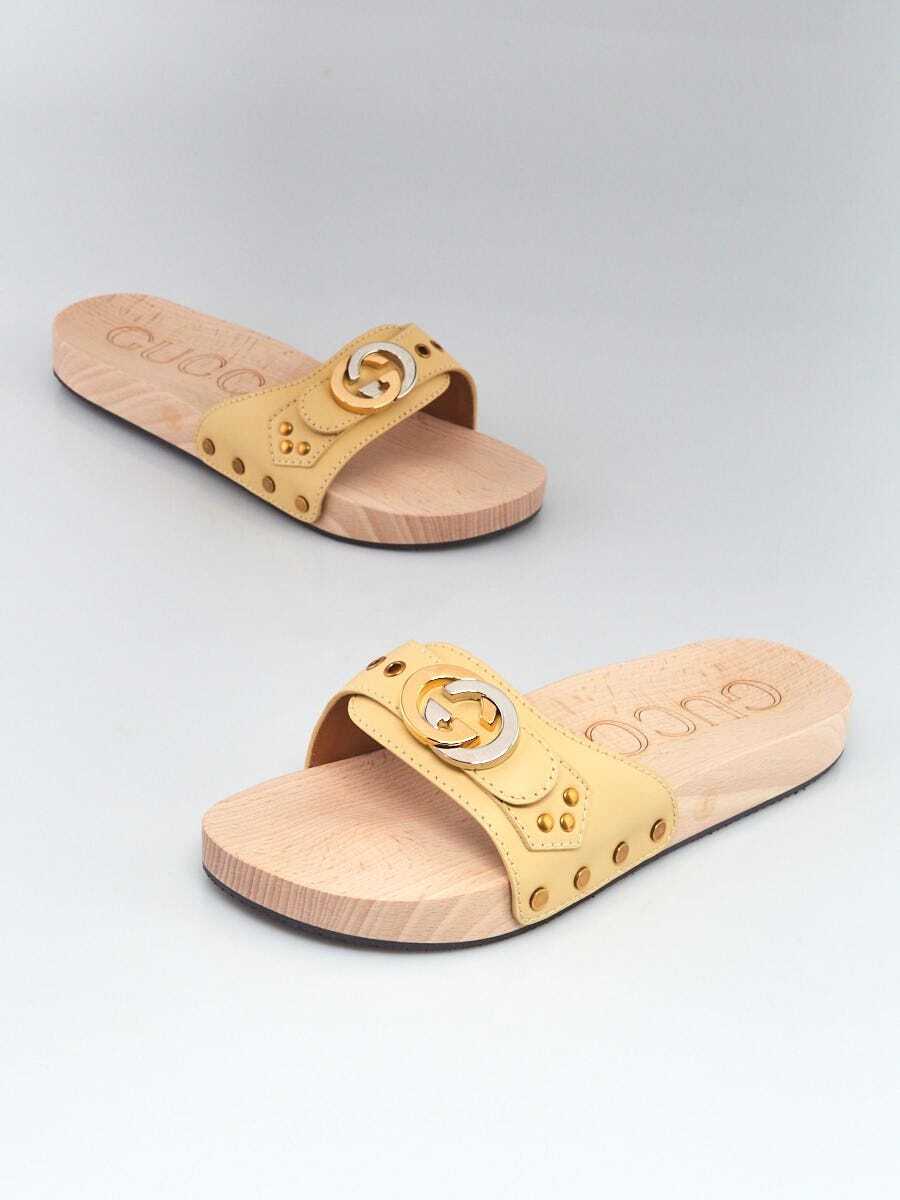 Gucci Light Yellow Leather Interlocking GG Wooden Slide Sandals Size