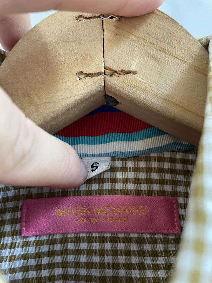 Mark McNairy Button Down Shirt Gingham Plaid Grosgrain Tan White S - Image 3 of 4